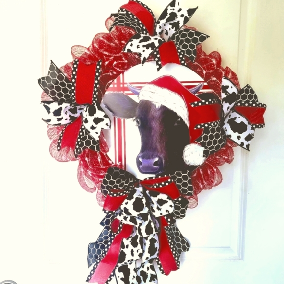 Christmas Cow Wreath Deco Mesh Farmhouse Country 4H - Picture 2 of 5